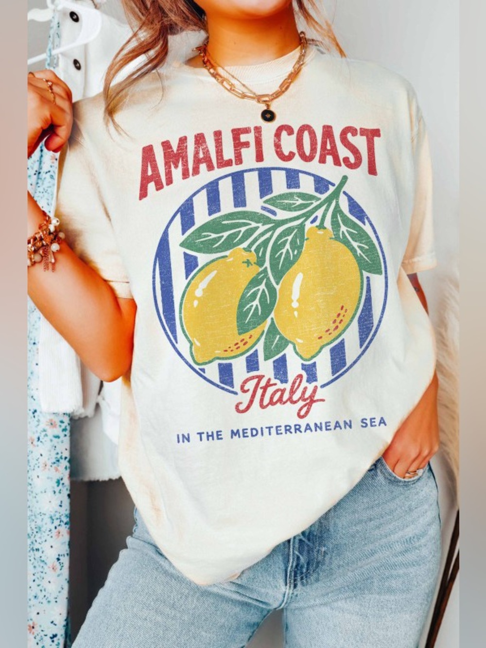 🌟SALE🌟AMALFI COAST ITALY OVERSIZED GRAPHIC TEE|IVORY